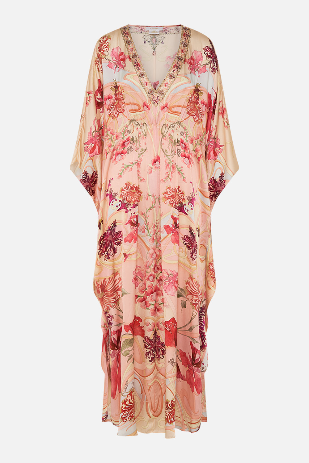 CAMILLA Floral Gathered Waist Kaftan in Blossoms and Brushstrokes print