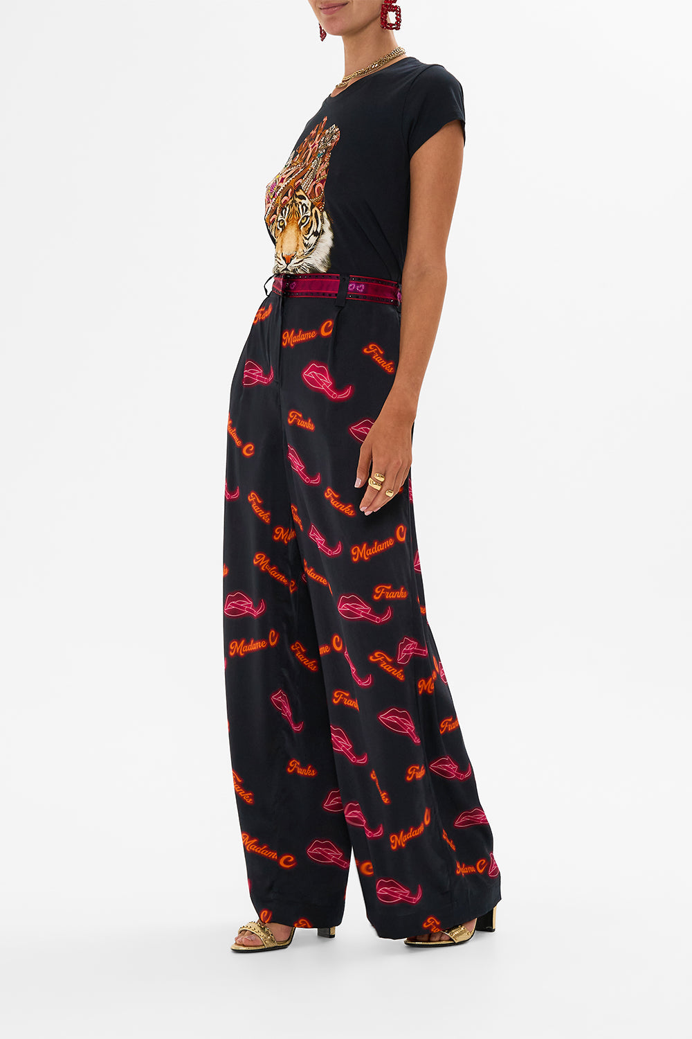 CAMILLA black wide leg waisted pant in Electric Loveland print