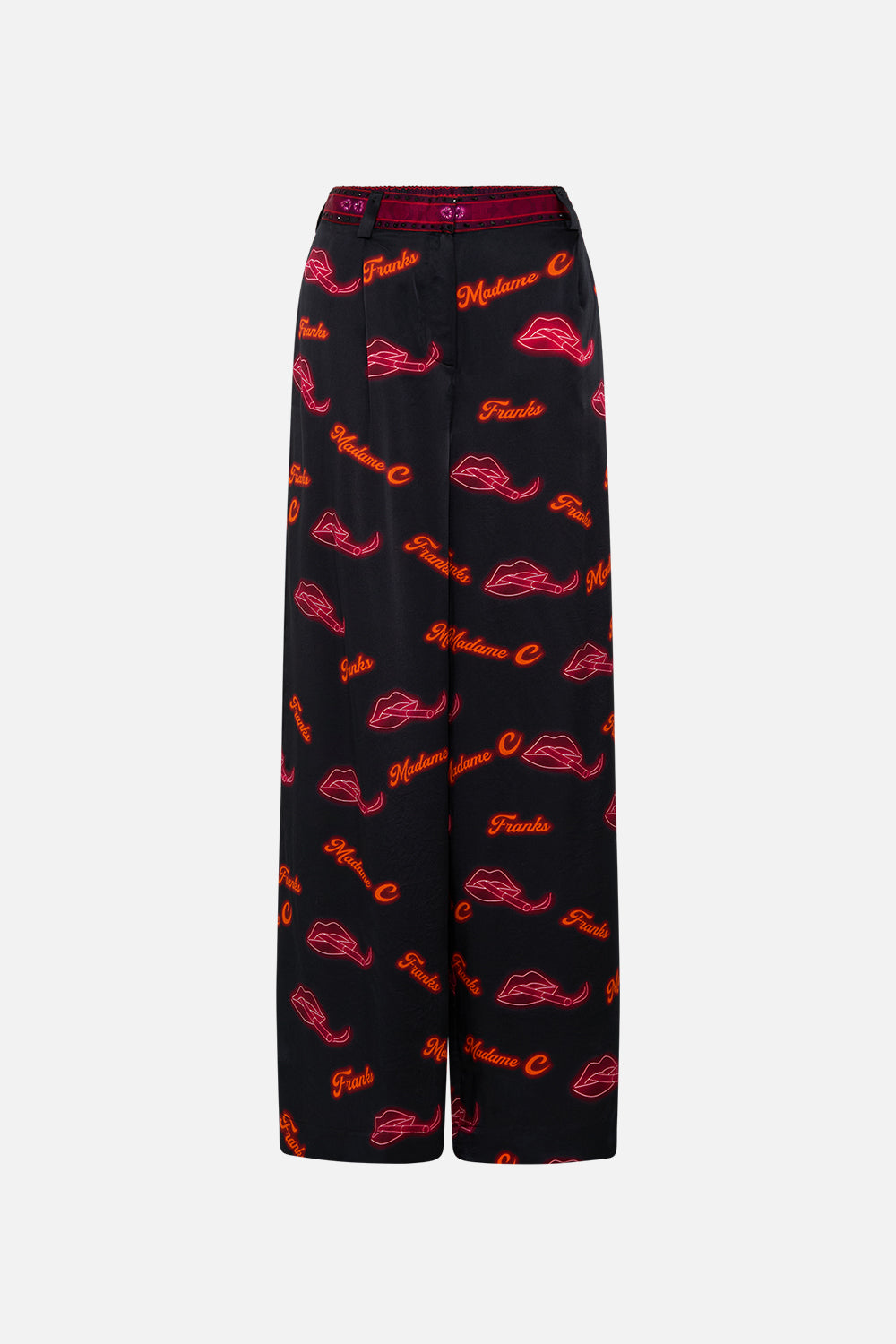 CAMILLA black wide leg waisted pant in Electric Loveland print