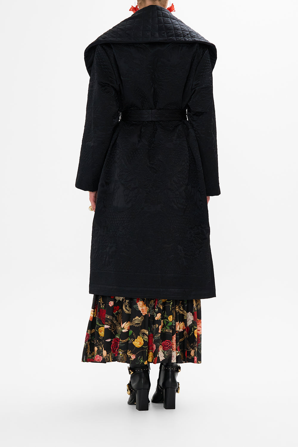 CAMILLA Black Puffer Long Wrap Coat in Magic in the Manuscripts print
