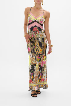 CAMILLA Lace Splice Bias Long Dress in Adorned In Alexandria print