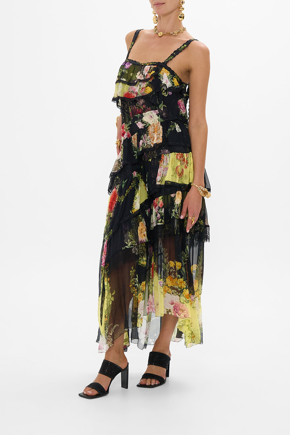 ASYMMETRIC SPLICED LACE DRESS ADORNED IN ALEXANDRIA