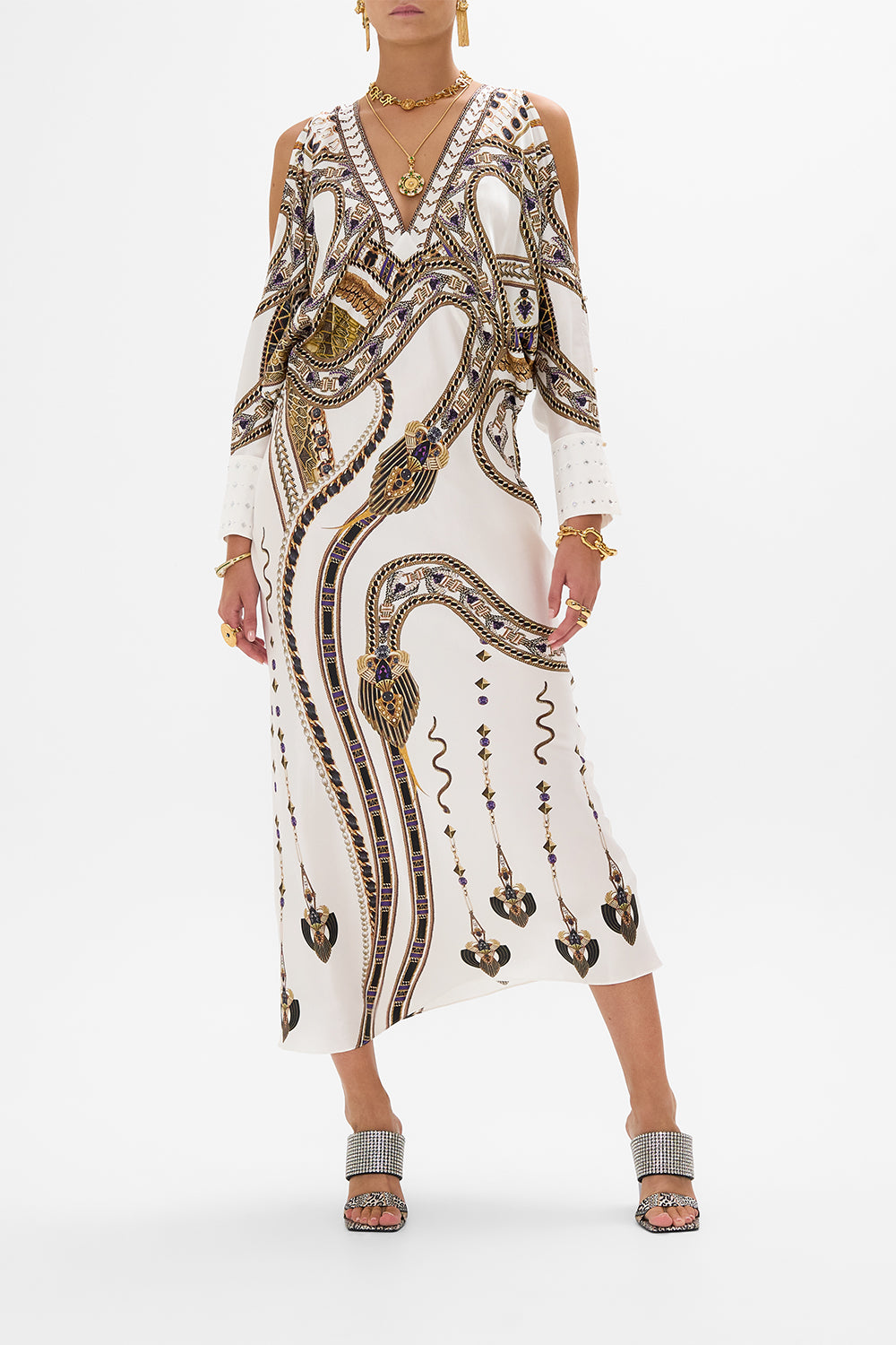CAMILLA Plunge Neck Draped Shoulder Dress in Goddess Energy print