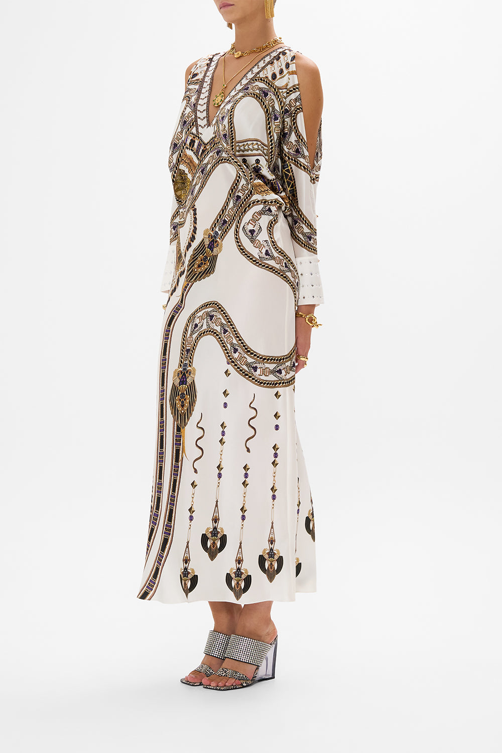 PLUNGE NECK DRAPED SHOULDER DRESS GODDESS ENERGY
