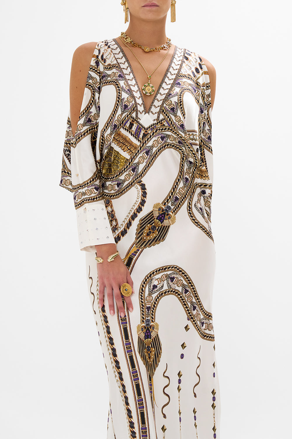 PLUNGE NECK DRAPED SHOULDER DRESS GODDESS ENERGY