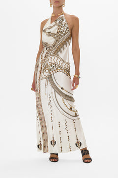 CAMILLA Draped Long Dress With Neckpiece in Goddess Energy print