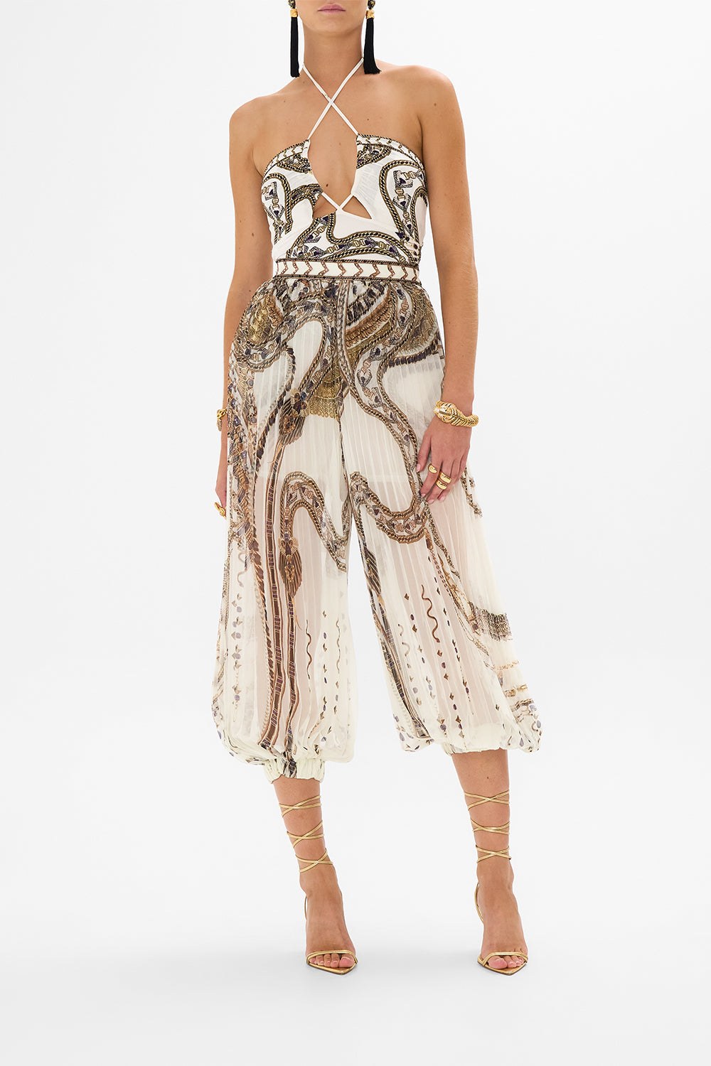 CAMILLA Cut Out Jersey Halter Neck Top in Goddess Energy print