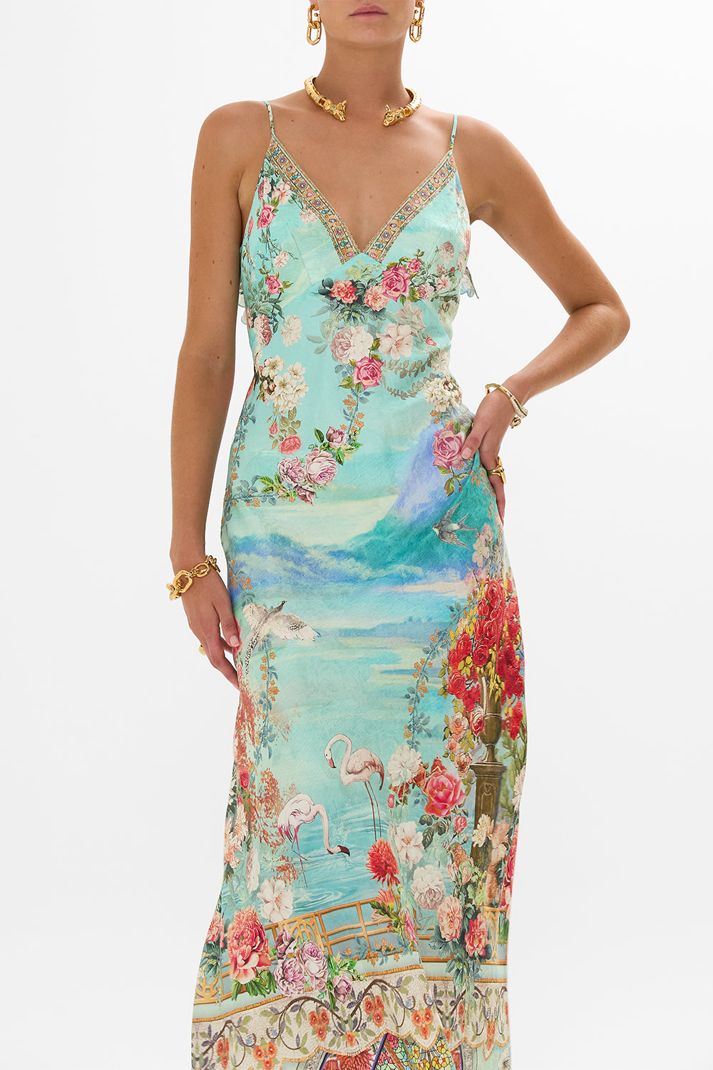 CAMILLA V neck bias slip dress with back frill in The jewellery museum print.