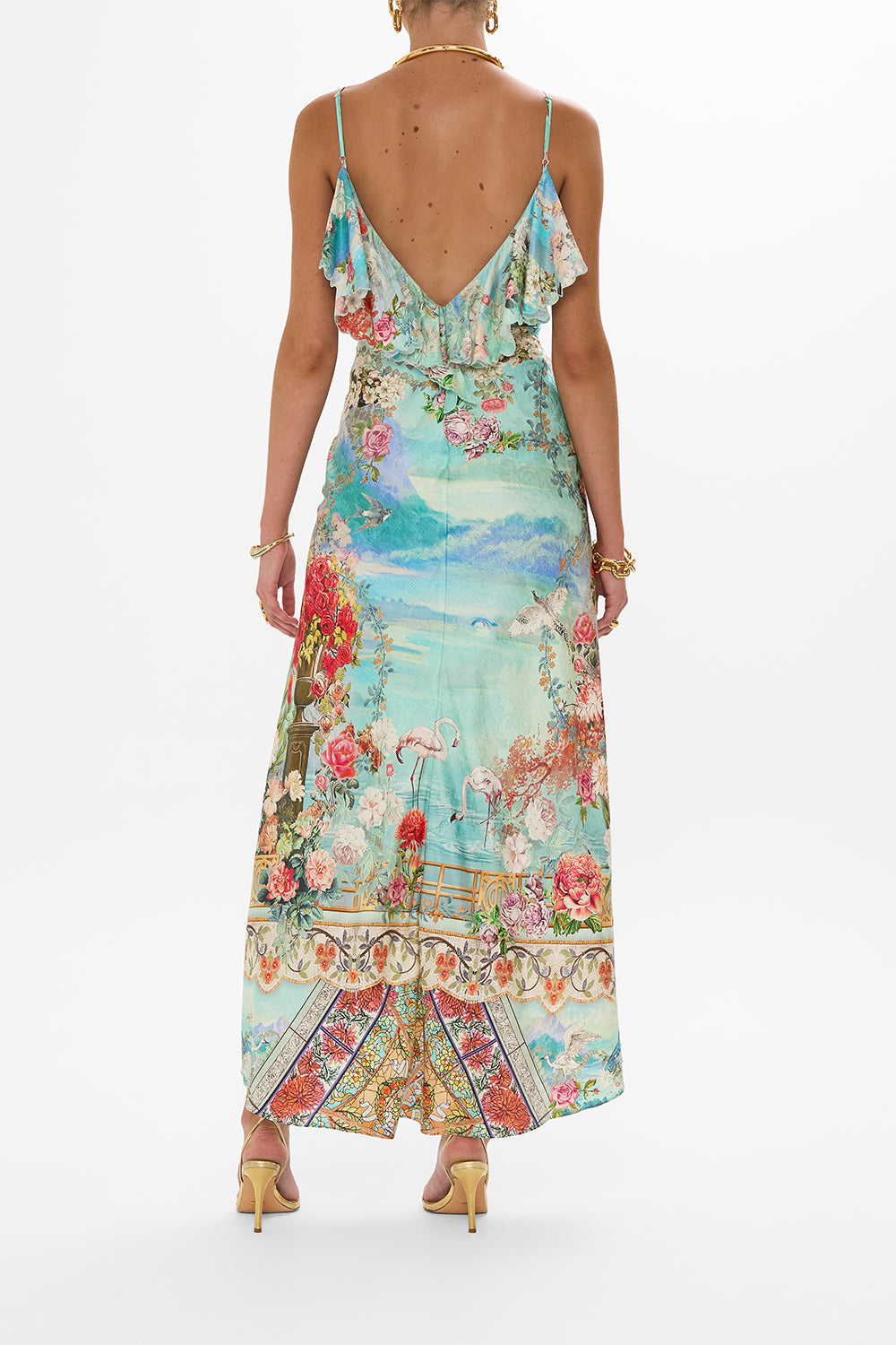 CAMILLA V neck bias slip dress with back frill in The jewellery museum print.