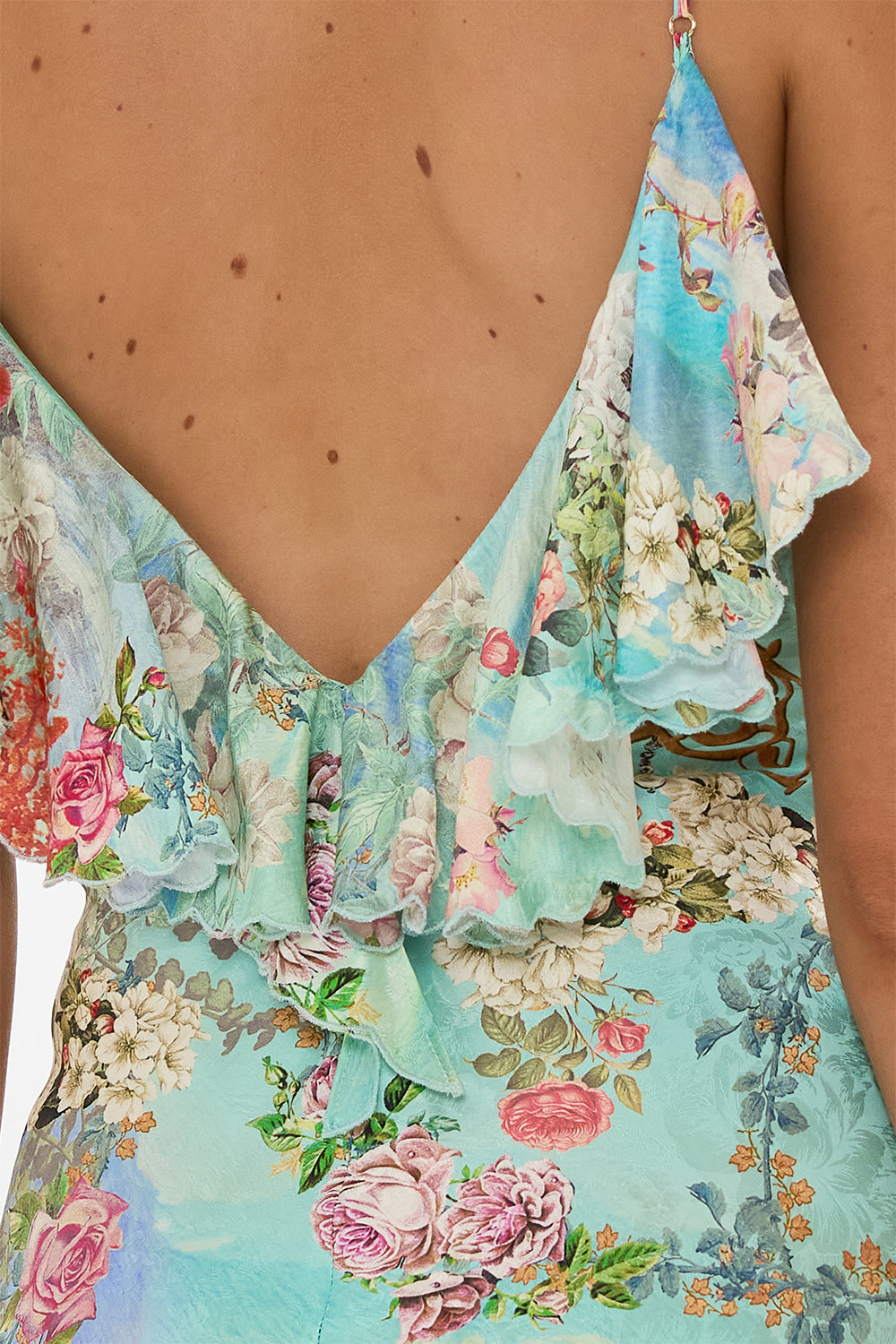 CAMILLA V neck bias slip dress with back frill in The jewellery museum print.