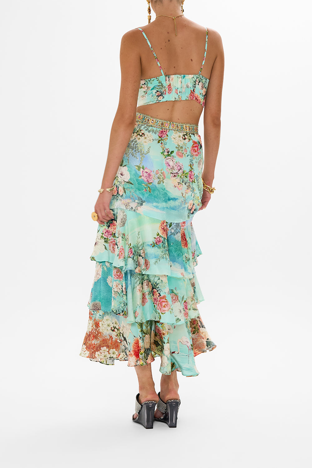 CAMILLA Tiered ruffle skirt in The jewellery museum print.