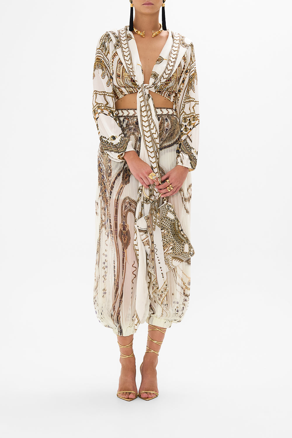 CAMILLA Cropped Wrap Top With Hood in Goddess Energy print