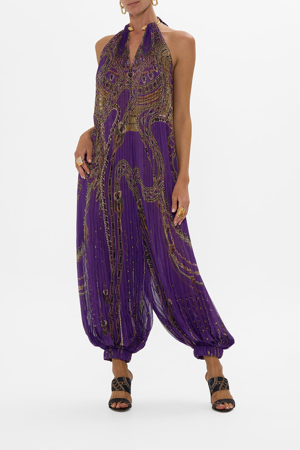 CAMILLA Plisse Jumpsuit With Neckpiece in Luxorland Lady print