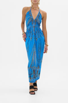 CAMILLA V Neck Gathered Jersey Dress in Archival Revival print