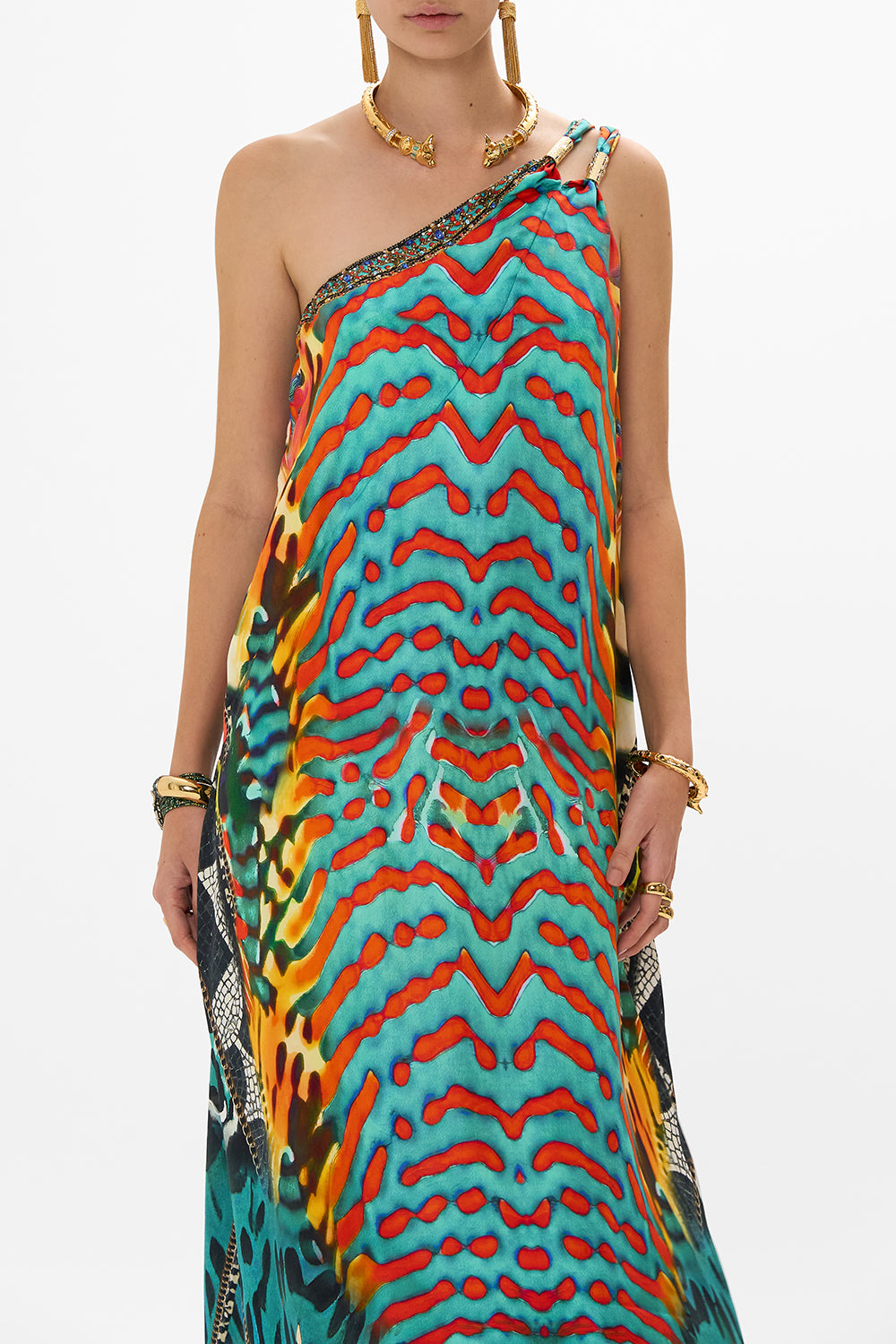 CAMILLA One Shoulder Buckle Dress in Desert Visions print.