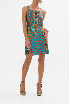 CAMILLA Short bias Slip Dress with Wide Strap in Desert Visions print. 