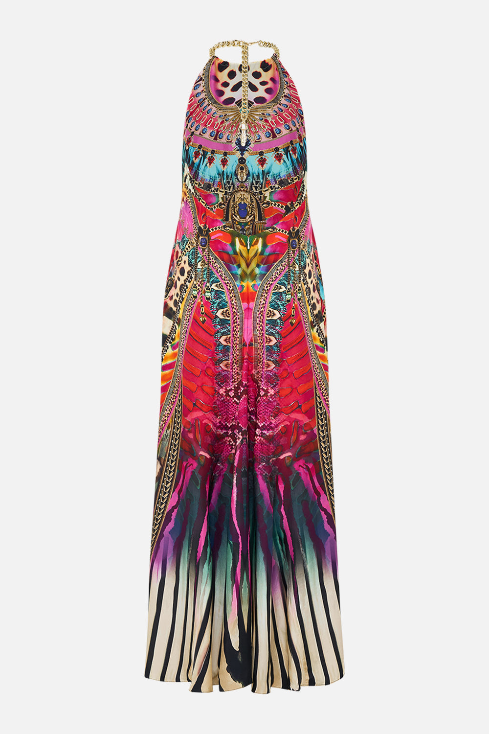 CAMILLA Low Back Long Dress with Neck Hardware in Sahara Supernatural print.