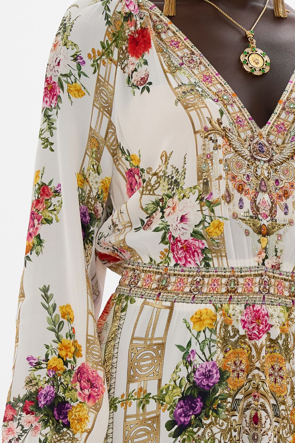 CAMILLA Raglan shirred waist dress in Egyptian rose print.