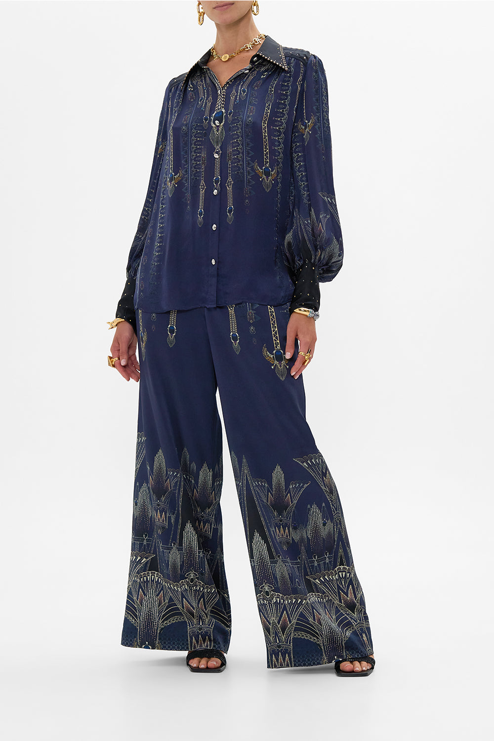 CAMILLA Button Through Blouson Sleeve Blouse in The Egypt Effect print