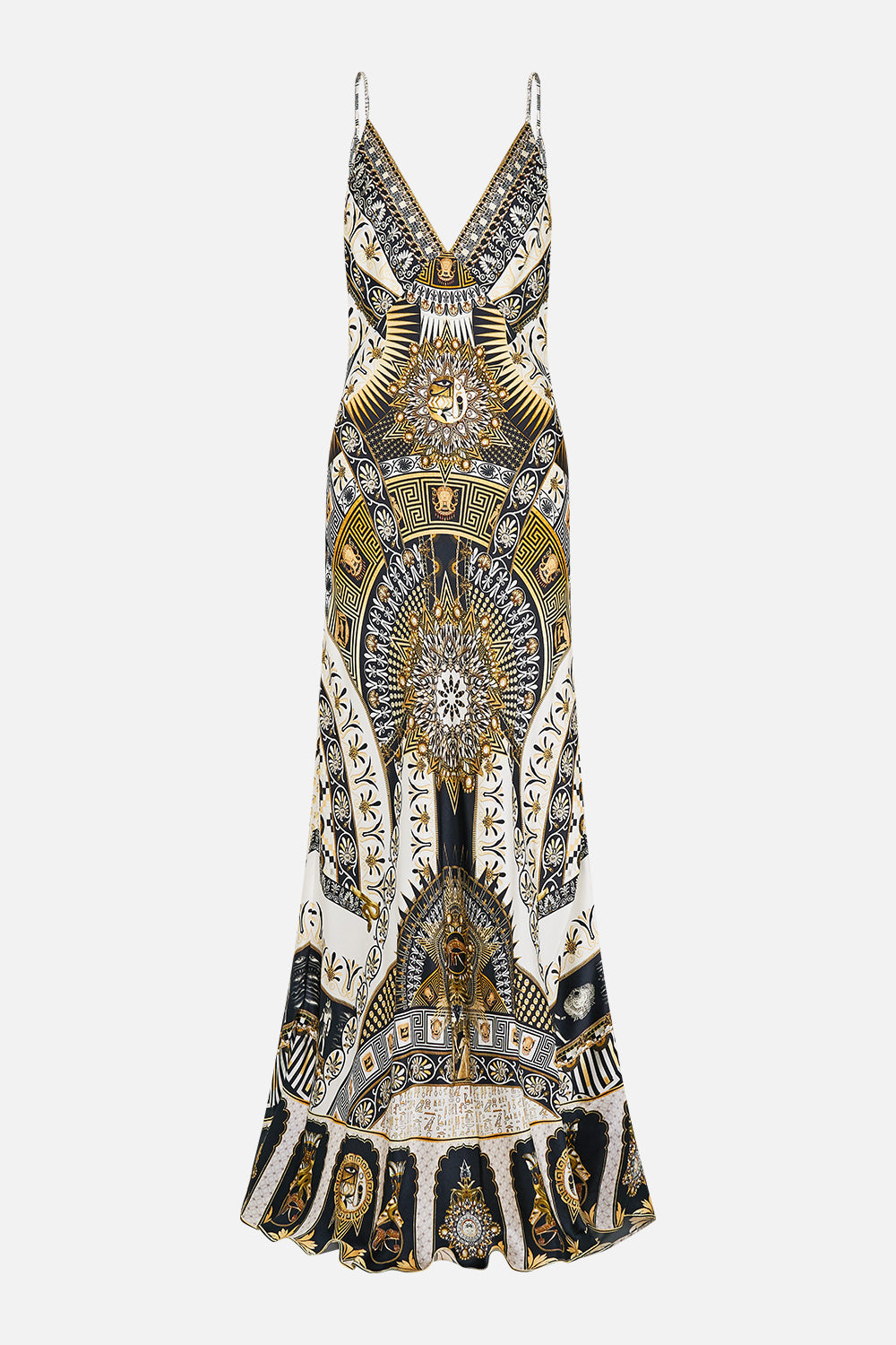 V NECK LONG BIAS SLIP DRESS WITH TRAIN TEMPLES OF DENDARA