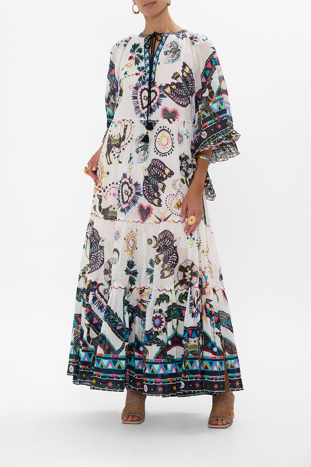 CAMILLA Wide Sleeve Gathered Dress in Nubian Wonderland print