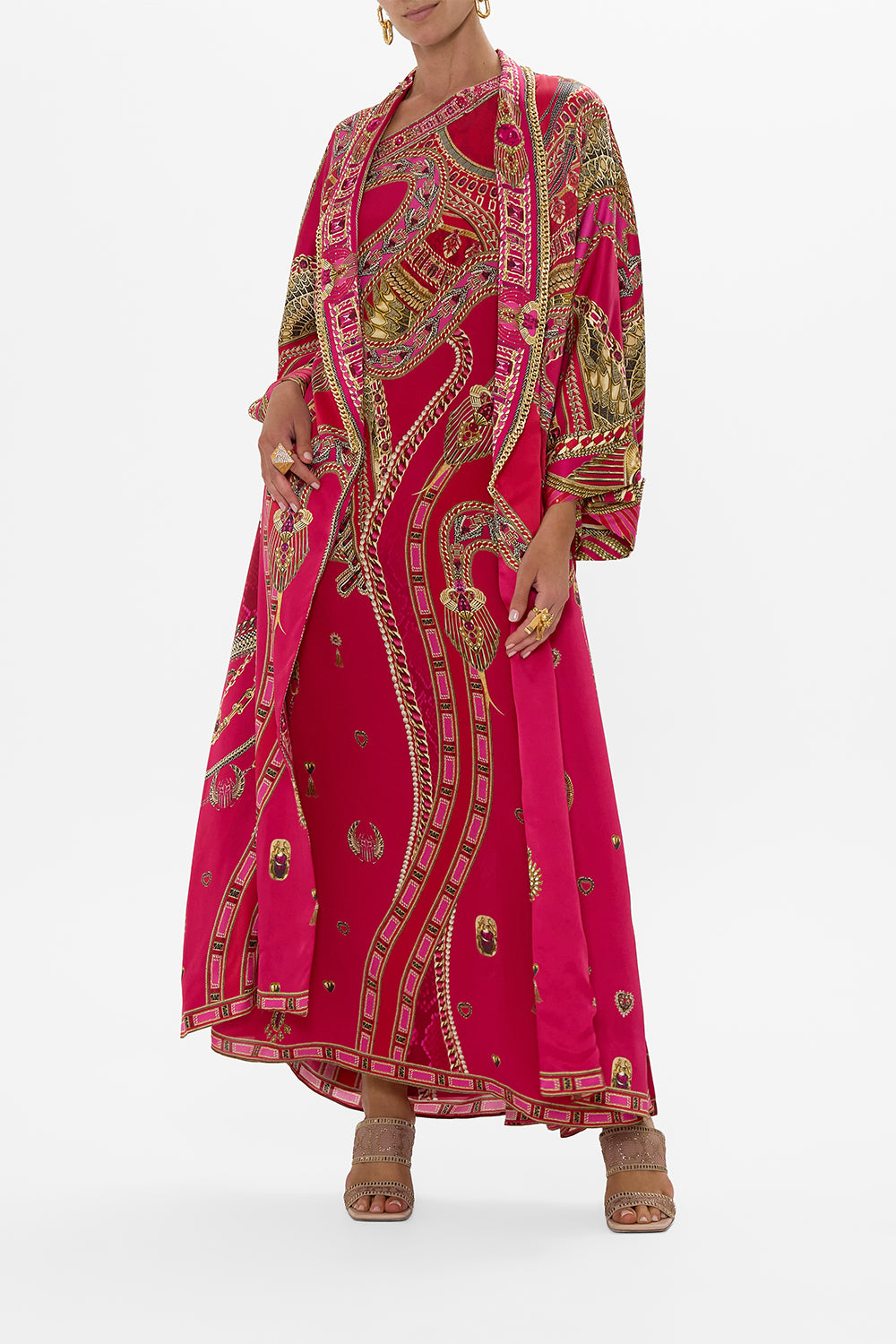 CAMILLA Long Robe With Narrow Collar in Kissed By A Cobra print