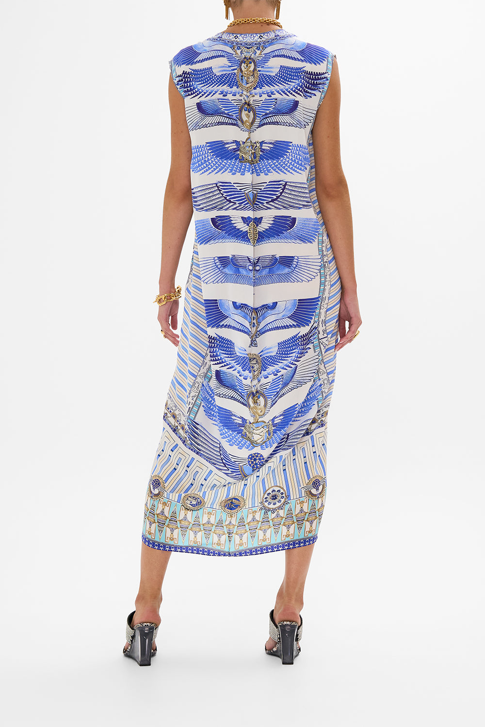 CAMILLA Sleeveless Drape Back Dress in Dancing With Daylight Print.