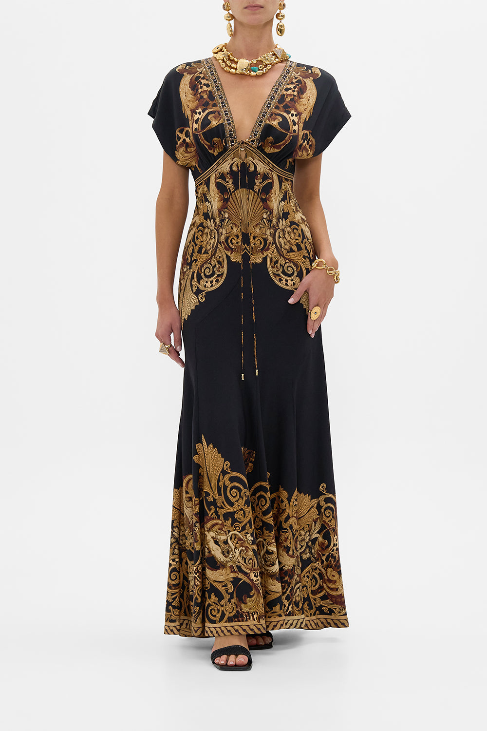 CAMILLA V Neck Hardware Dress With Neck Tie in Era Of Empires print