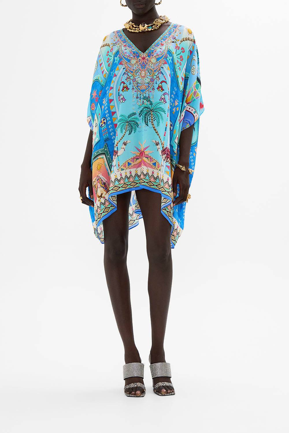 CAMILLA Rectangular V Neck Kaftan in A Painted Village print
