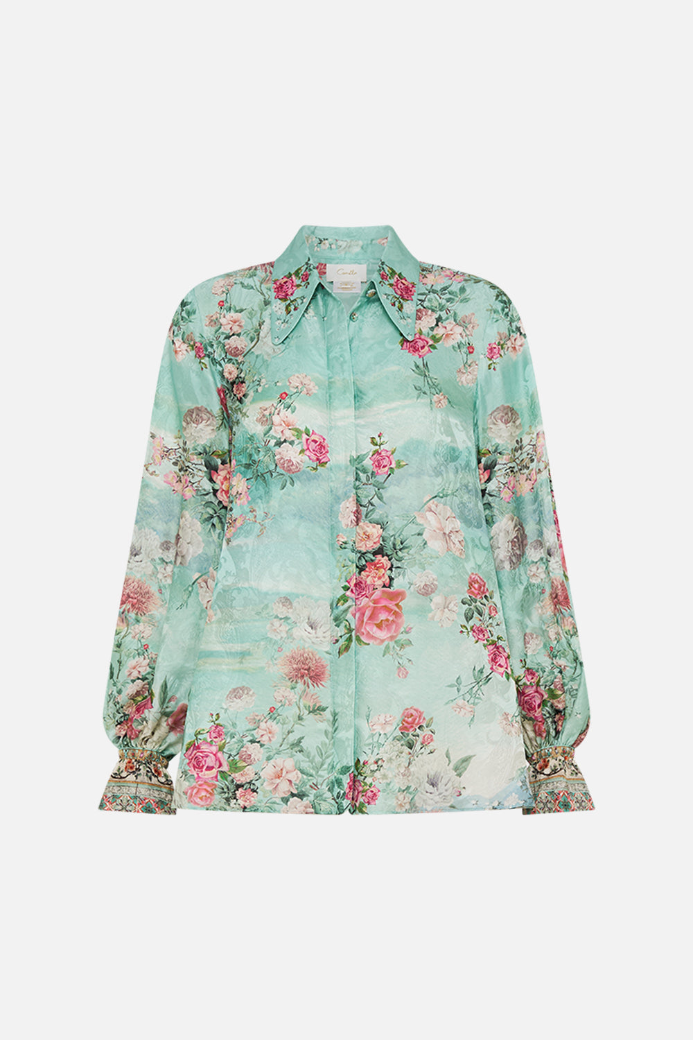 CAMILLA Curved collar blouse in The jewellery museum print.