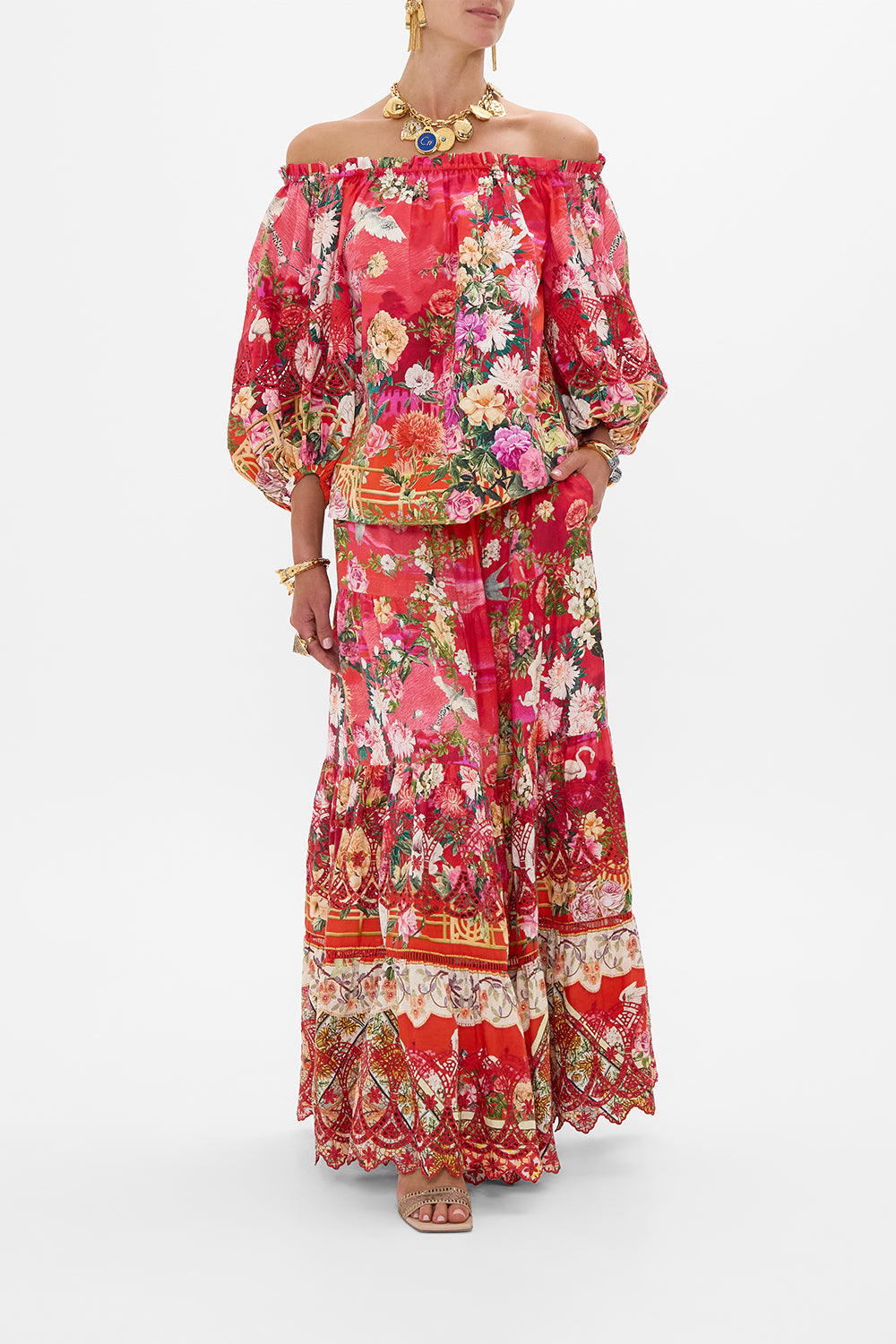 CAMILLA Frill Off Shoulder Top in Sweet Home Alexandria print