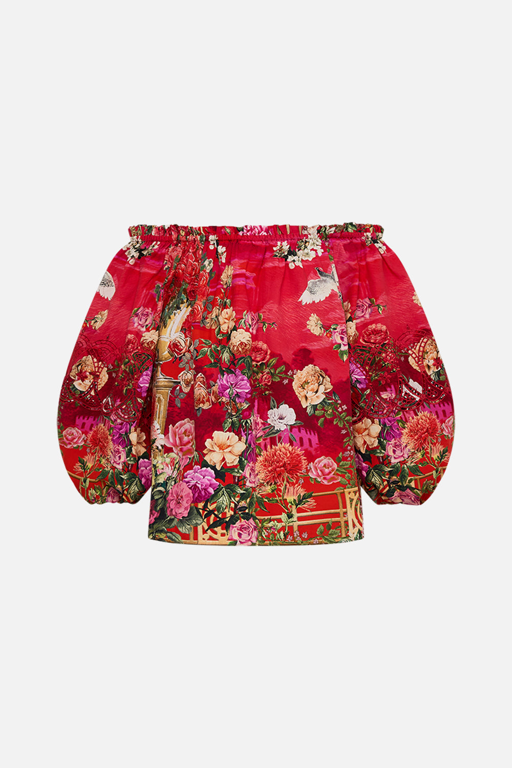 CAMILLA Frill off shoulder top in Sweet home Alexandria print.