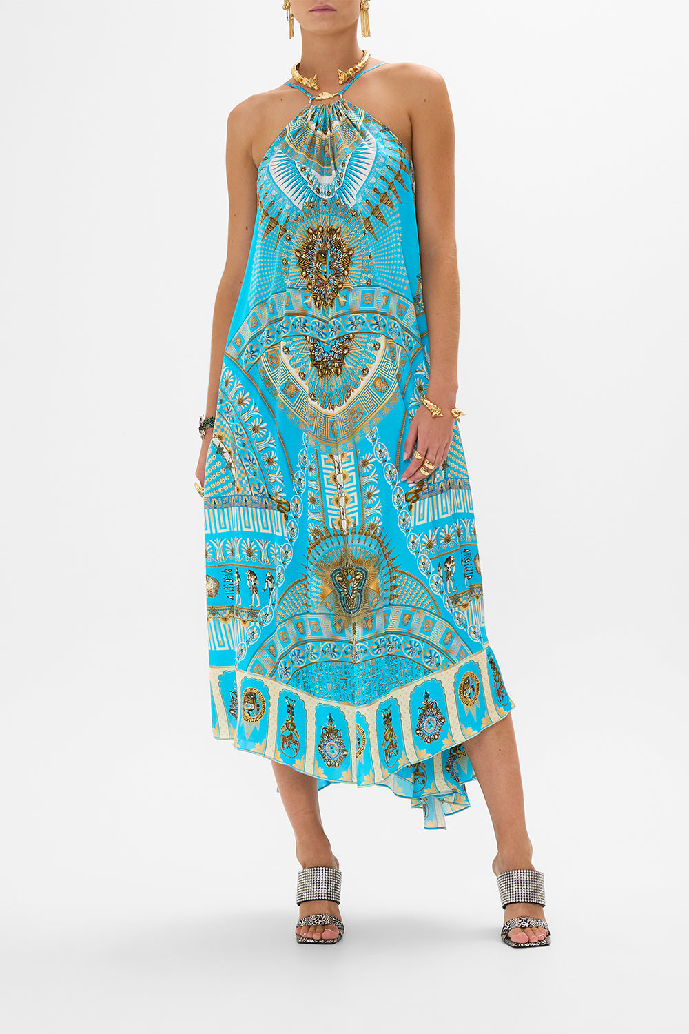 CAMILLA Gather Neck Hardware Maxi Dress in Temple of Light Print.