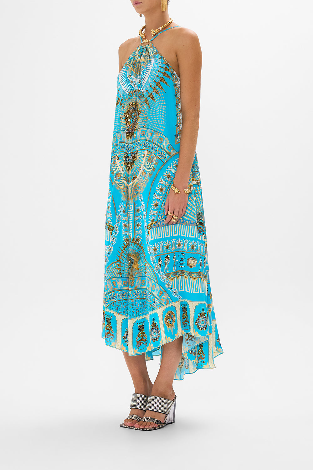 CAMILLA Gather Neck Hardware Maxi Dress in Temple of Light Print.