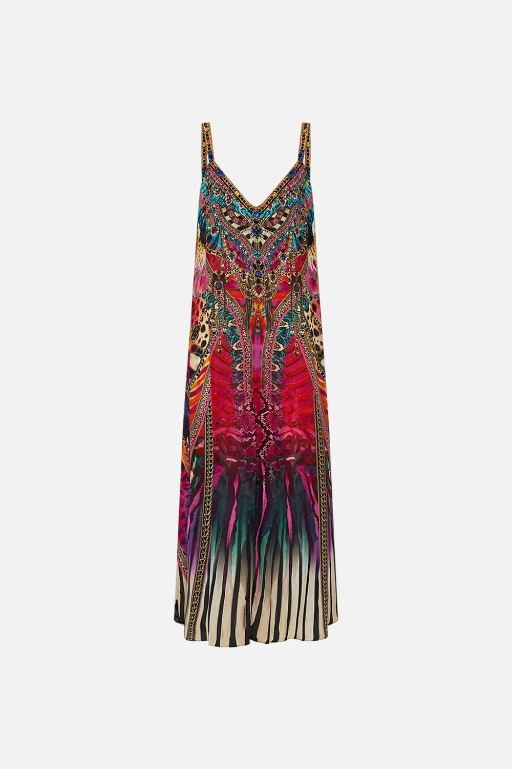 CAMILLA V-Neck Midi Slip Dress in Sahara Supernatural print.