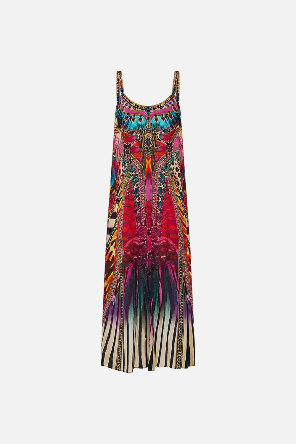 CAMILLA V-Neck Midi Slip Dress in Sahara Supernatural print.