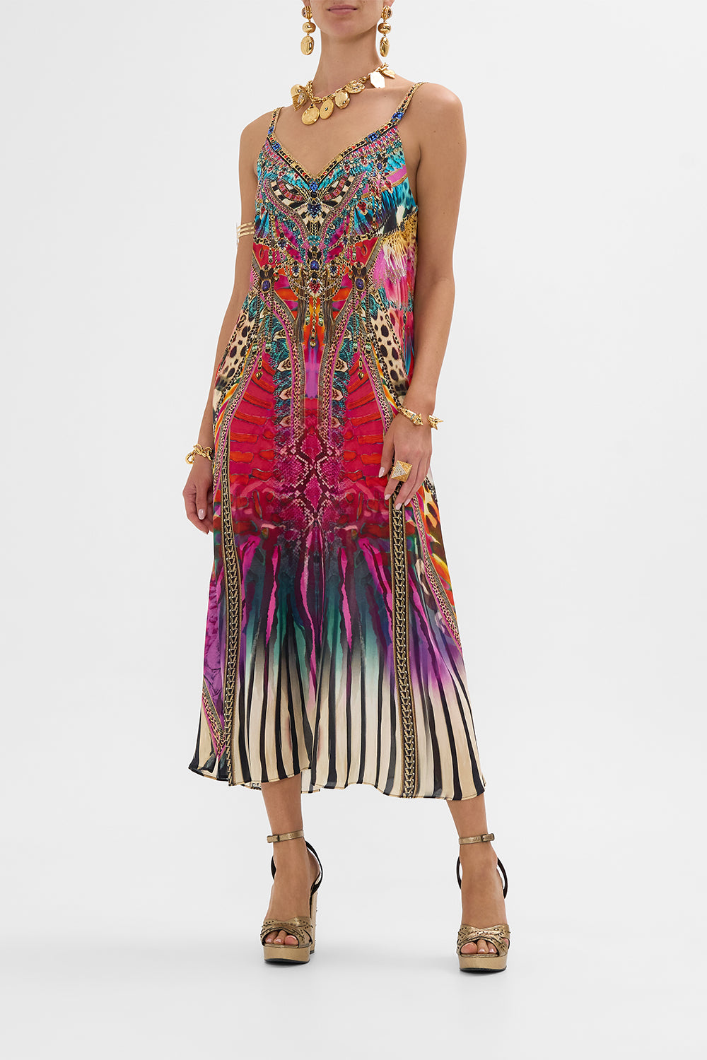 CAMILLA V-Neck Midi Slip Dress in Sahara Supernatural print.