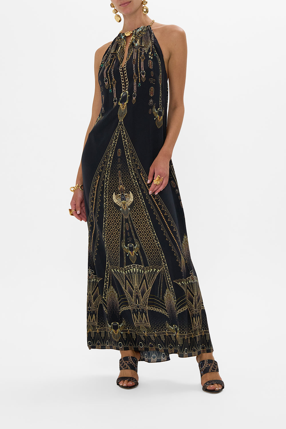 CAMILLA Low Back Long Dress With Neck Hardware in Call Me Cleopatra print