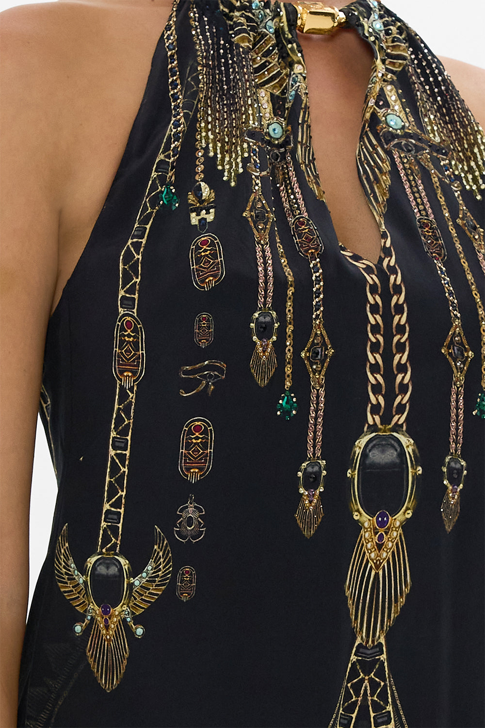 LOW BACK LONG DRESS WITH NECK HARDWARE CALL ME CLEOPATRA