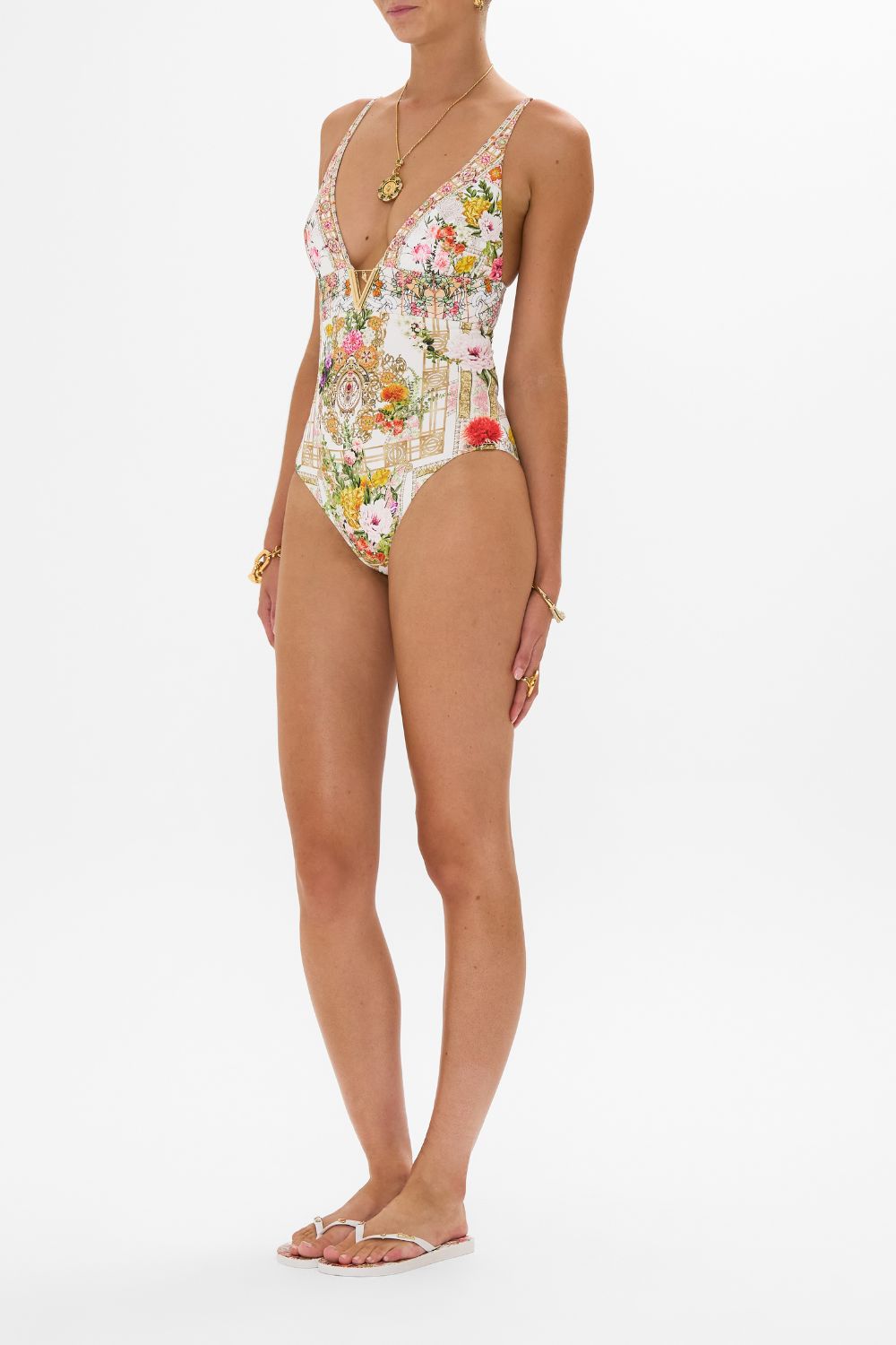 CAMILLA High tri one piece with front trim in Egyptian rose print.