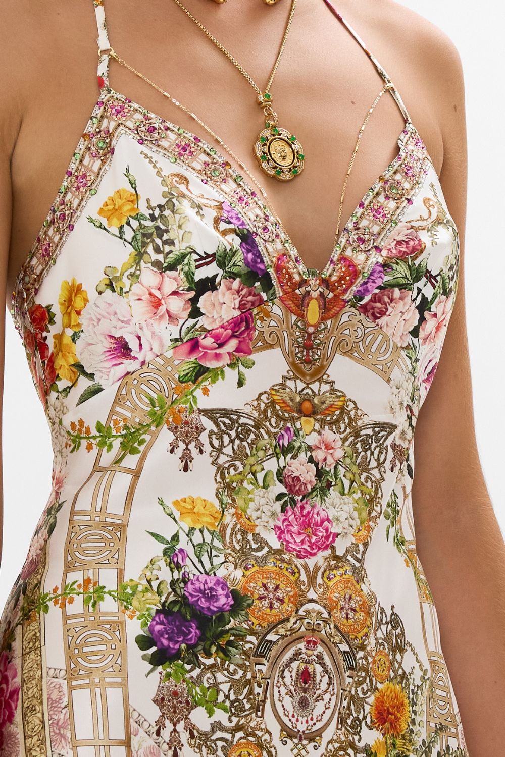 CAMILLA Chain detail slip dress in Egyptian rose print.