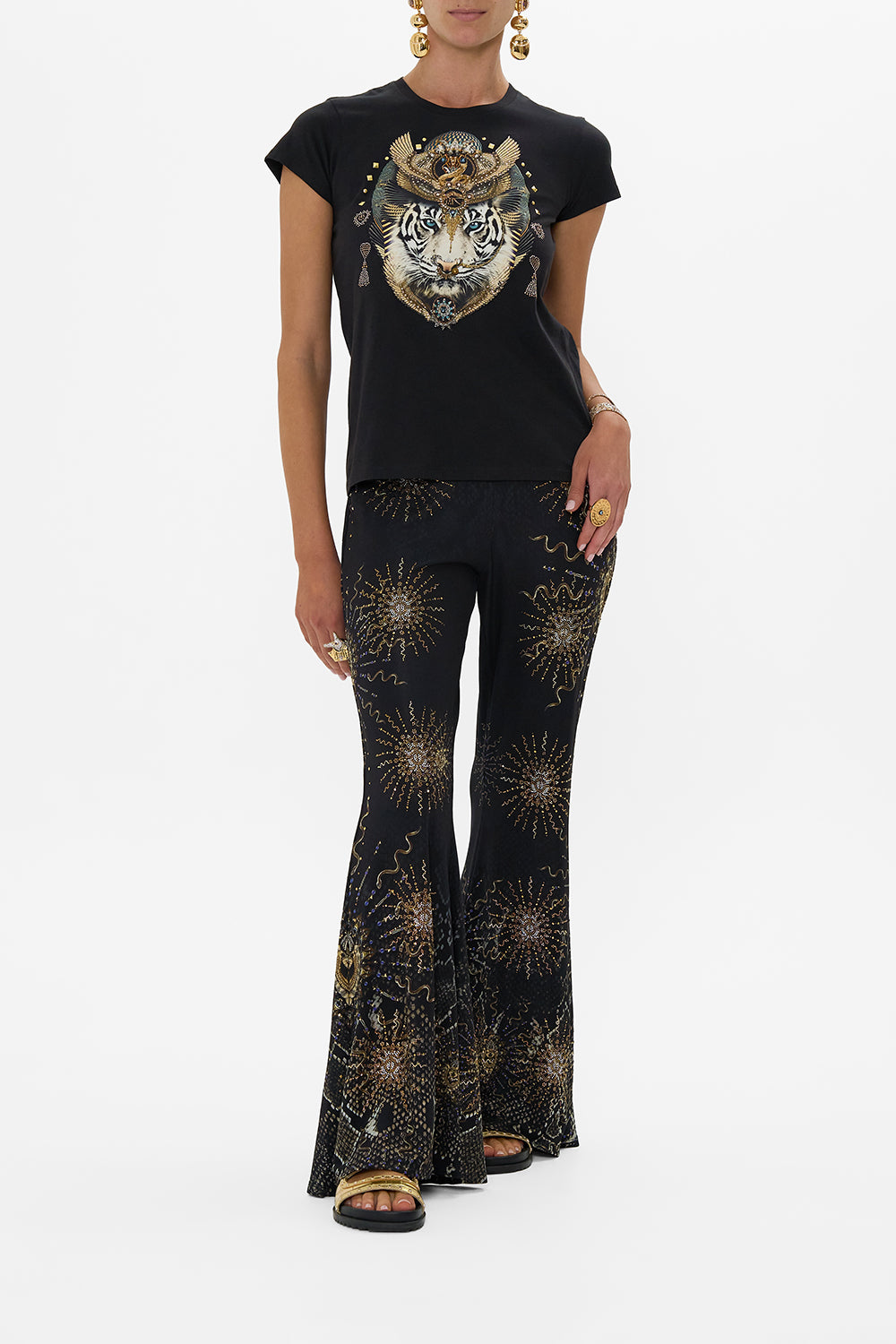 CAMILLA Slim Fit Round Neck T-Shirt - Blk/Gold in Call Me Cleopatra print