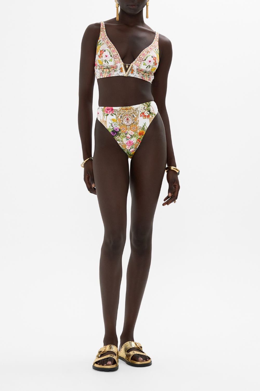 CAMILLA V Neck Hardware Bra in Egyptian Rose print. 