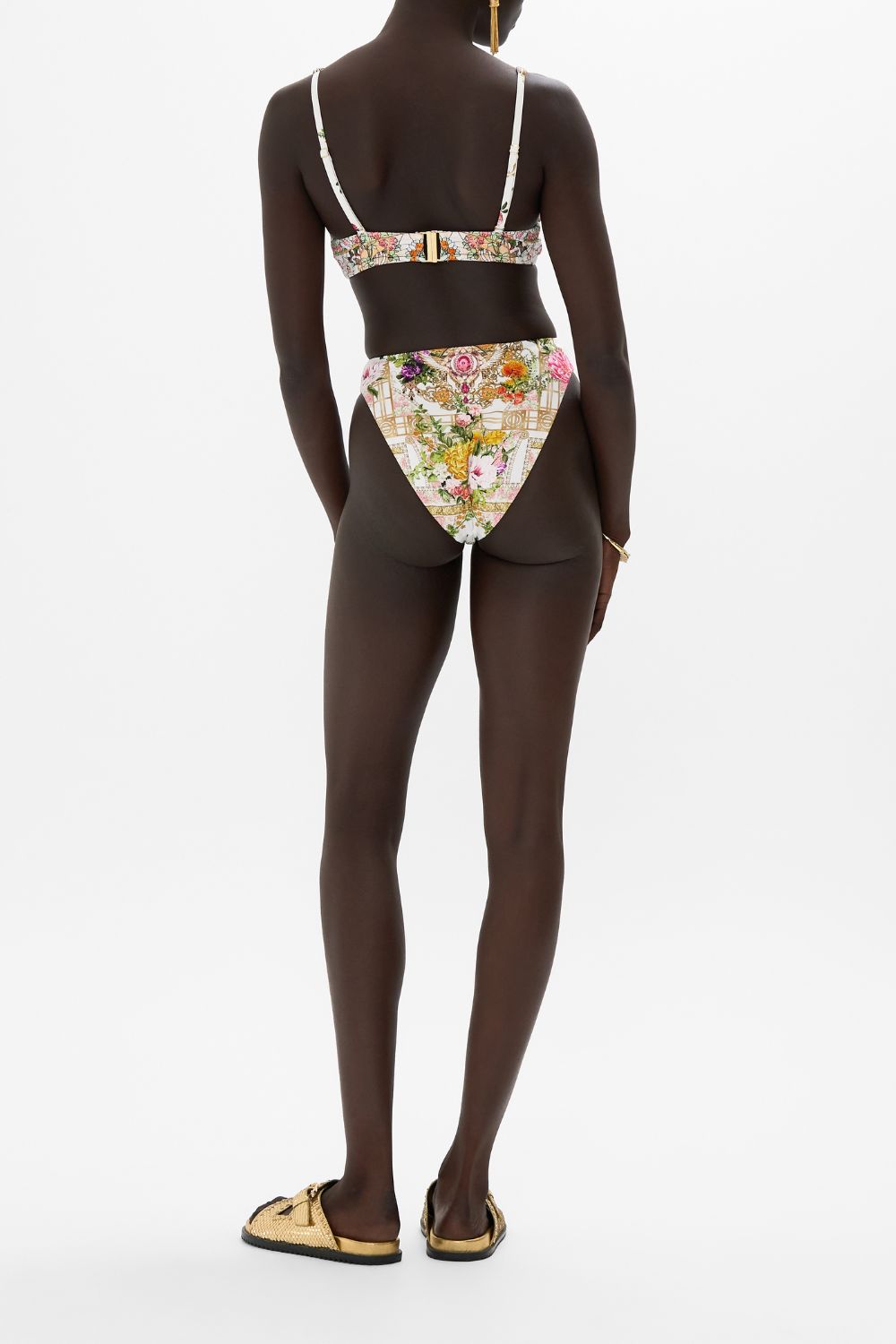 CAMILLA V Neck Hardware Bra in Egyptian Rose print. 