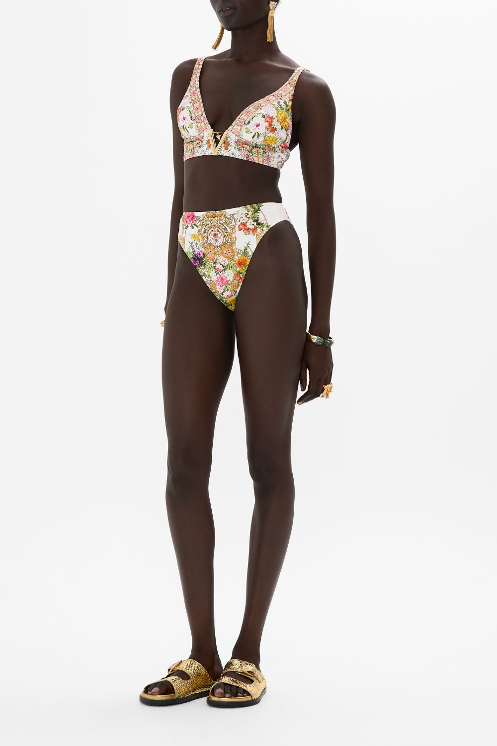 CAMILLA V Neck Hardware Bra in Egyptian Rose print. 