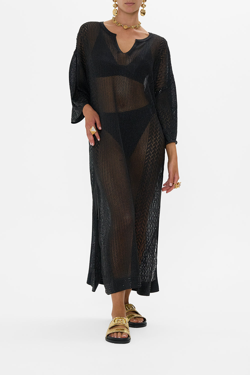 CAMILLA Long V Neck Knit Kaftan in Call Me Cleopatra print