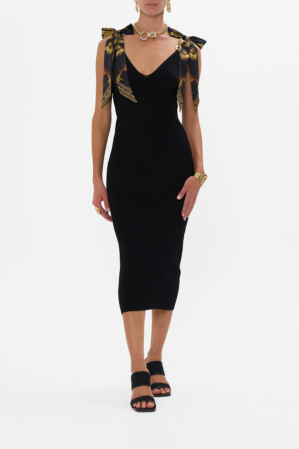 CAMILLA Long Knit Dress With Silk Ties in Era Of Empires print