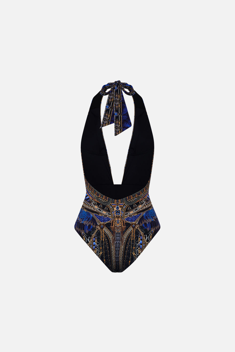 CAMILLA Plunge Front Halter One Piece with Trim in Other Side of the Oasis print.