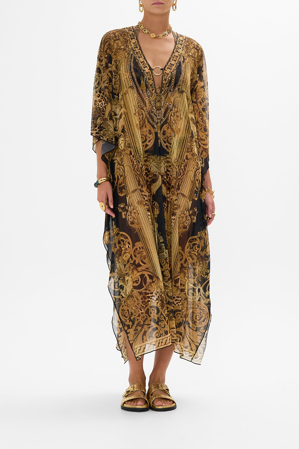 CAMILLA Stretch Mesh Kaftan With Trim in Era Of Empires print