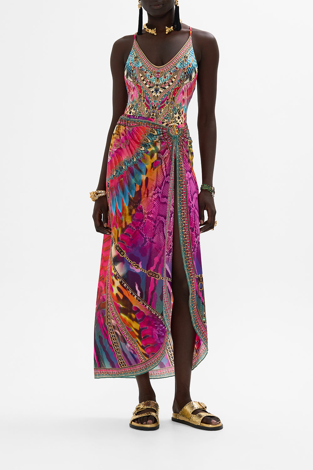 CAMILLA Ring Trim Long Sarong in Sahara Supernatural print.